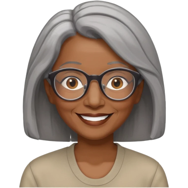 Older woman of color with gray shoulder length  hair and glasses and smiling emoji