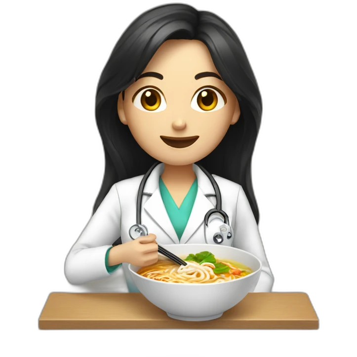female doctor with long dark hair eating ramen bowl with thumbs up emoji