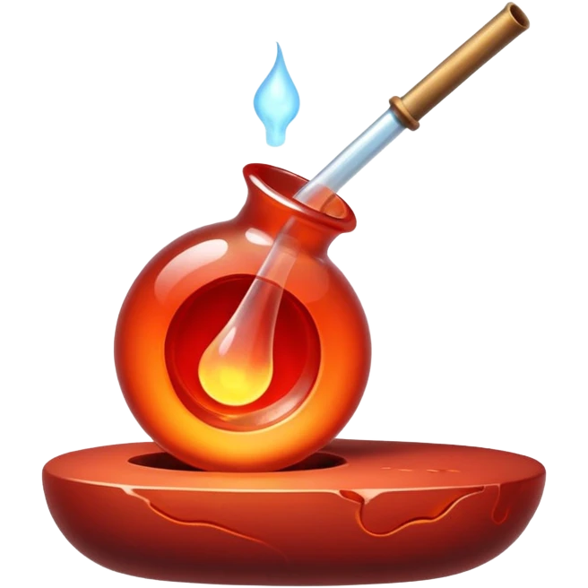 Glassblowing and casting icon, molten glass being shaped into a delicate object with a blowpipe, glowing red-hot glass being poured into a mold, unfinished glass sculpture, minimalistic style, clean lines, transparent background. emoji