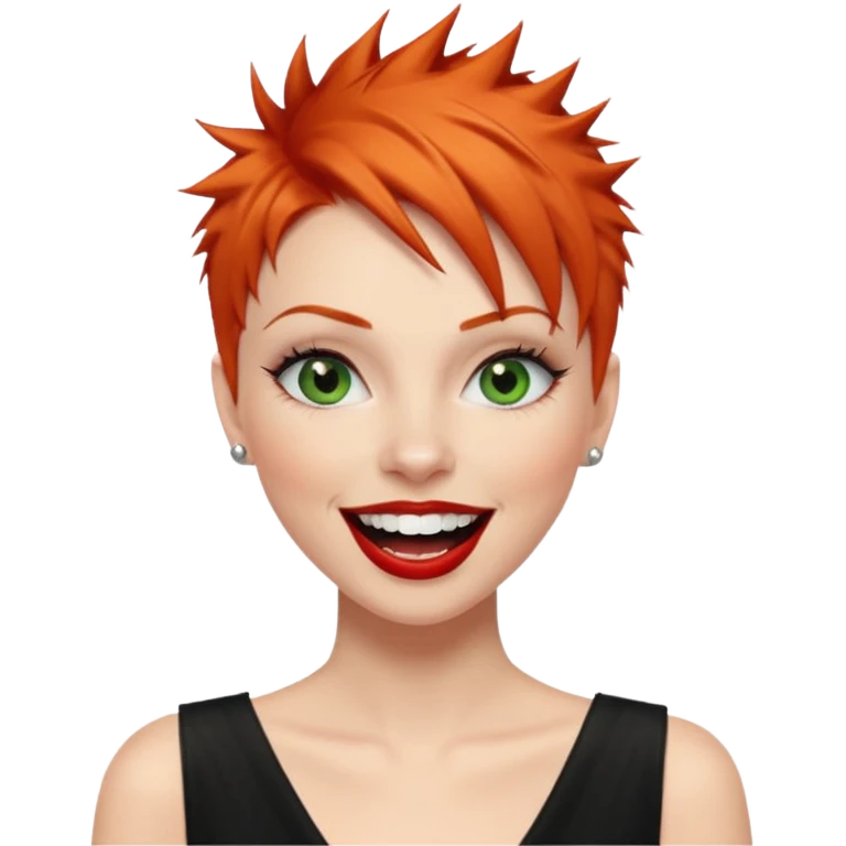 Short spikey Ginger hair, green eyes, black long eye lashes large red lips White woman laughing emoji