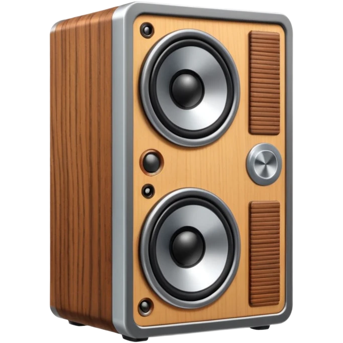 3D render of Speaker Stack, vintage 1980s audio equipment aesthetic, tactile analog buttons, silver metallic face with two large brown magnetic tape wheels, mixed wood grain and brushed aluminum textures, Apple emoji style, isolated on white background --v 6.0 emoji