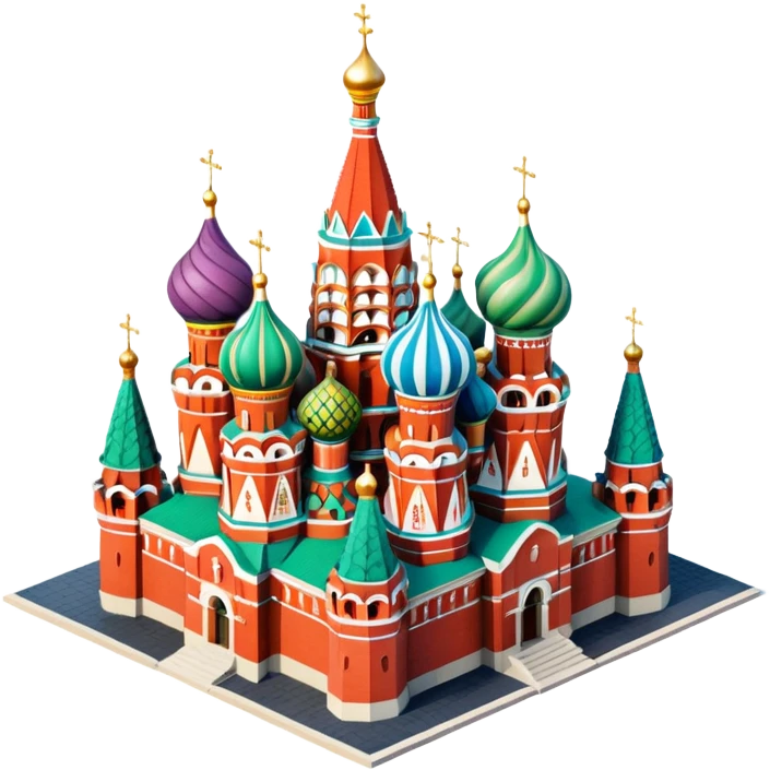 Isometric illustration of Moscow, featuring Saint Basil's Cathedral with colorful onion domes, hand-drawn painterly details, subtle texture on bricks and roofs, realistic shadows and soft lighting, muted yet vivid color palette, diorama miniature effect. emoji