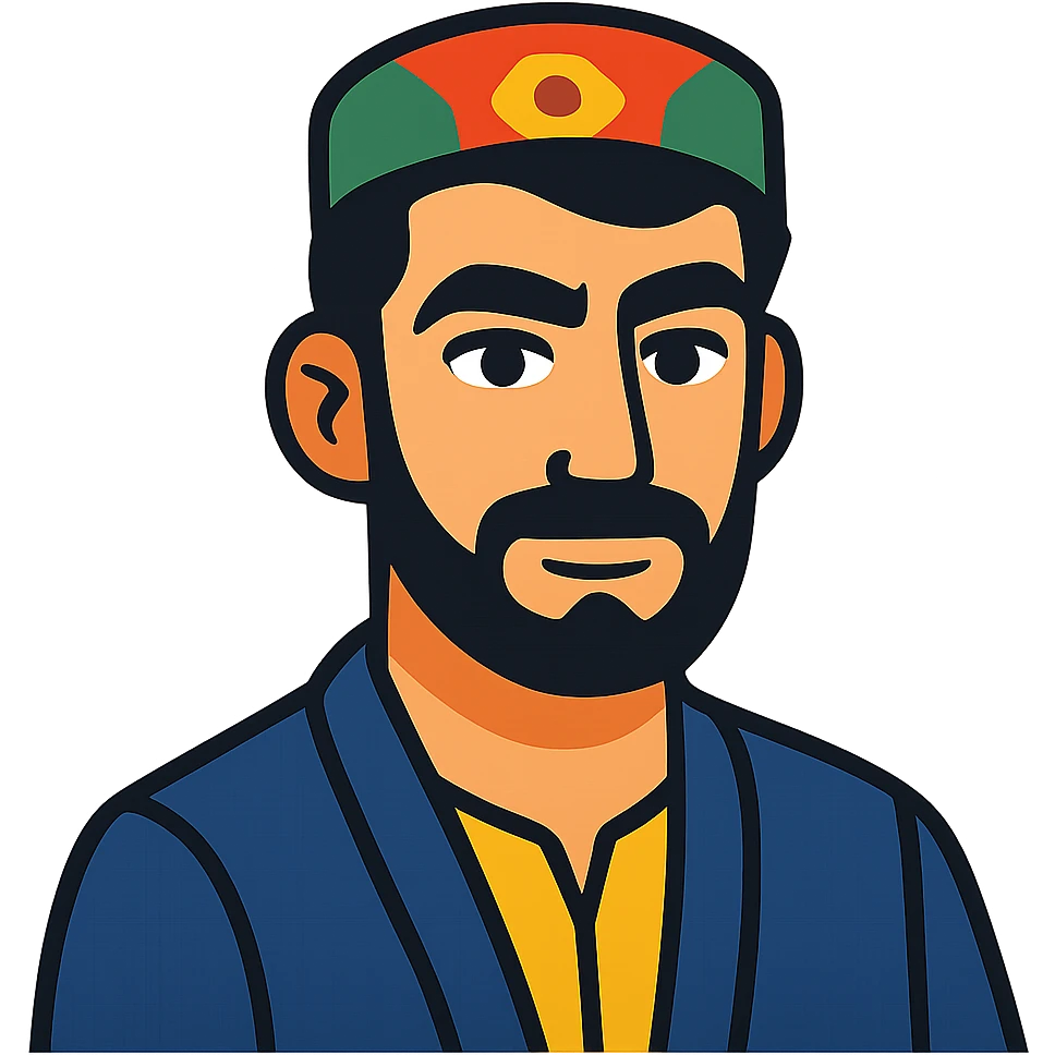 A Tajik man with masculine features, expressive eyes, thick eyebrows, dark hair, and light-olive skin, neatly kept facial hair emoji