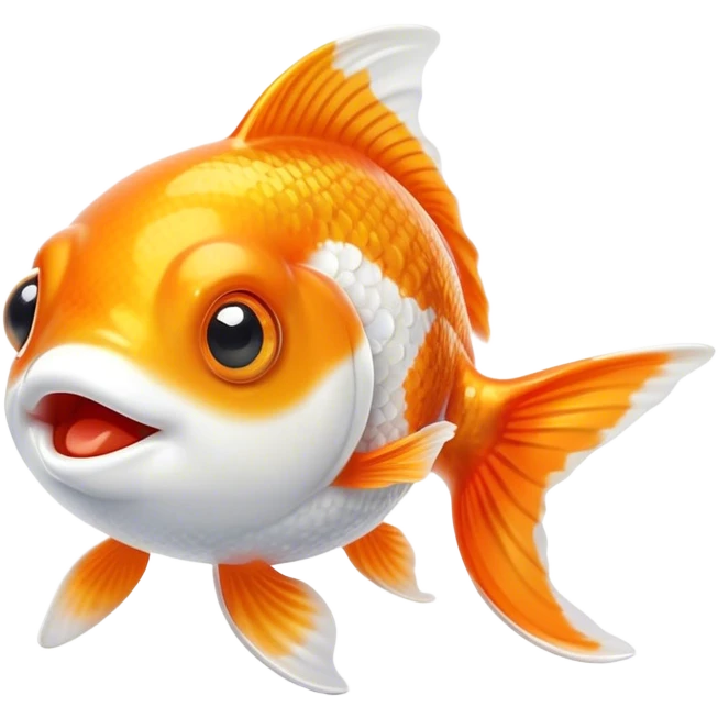 Cinematic Cute Orange and White Goldfish Portrait Emoji, Head tilted playfully and inquisitively, featuring a glossy, vibrant body adorned with a striking mix of orange and white, round, sparkling golden eyes filled with curiosity, Simplified yet irresistibly adorable features, highly detailed, glowing with a warm, friendly glow, high shine, affectionate and lively, stylized with a touch of whimsy, bright and endearing, soft glowing outline, capturing the essence of a mischievous yet loving goldfish, so playful it feels like it could swim out of the screen and into your heart! emoji