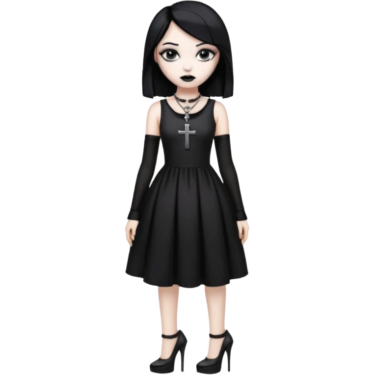 goth girl with white skin goth dress black hait black lipstik and tall high with Cross Necklace emoji