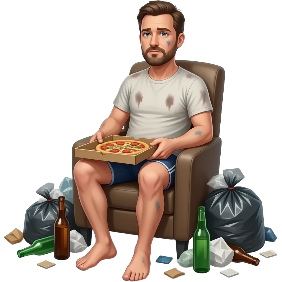 Erstelle ein emoji von einem ungepflegten Mann im schmutzigen Tang-Top und Unterhose, er sitzt faulenzen im Sessel und um ihn herum liegt Müll, wie eine Pizzaschachtel und leere Flaschen emoji