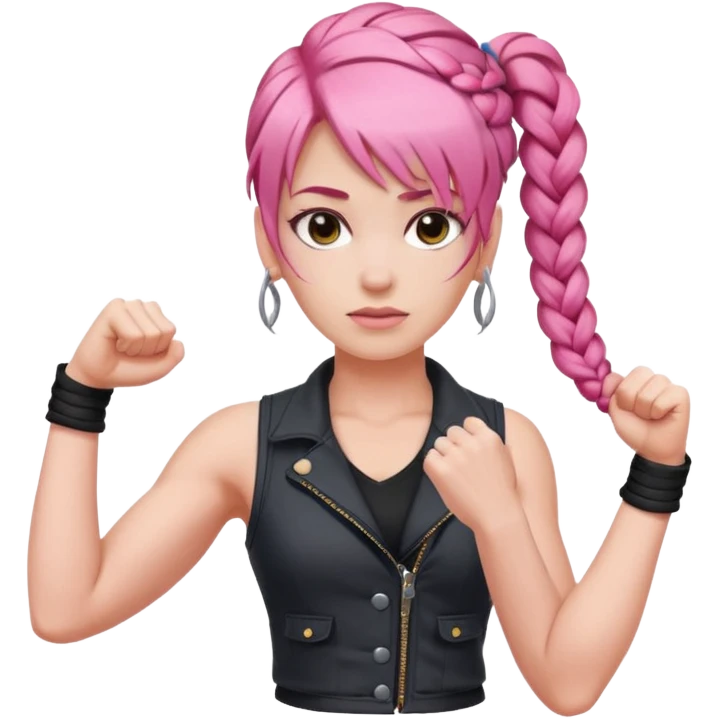 Woman with braided pink hair with an asymmetrical bang, wearing a sleeveless vest and flexing emoji