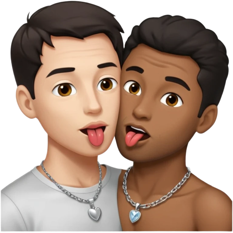 1 White adult male dark hair ,1 black adult male silver necklace, nude,kissing tongue open mouth  emoji