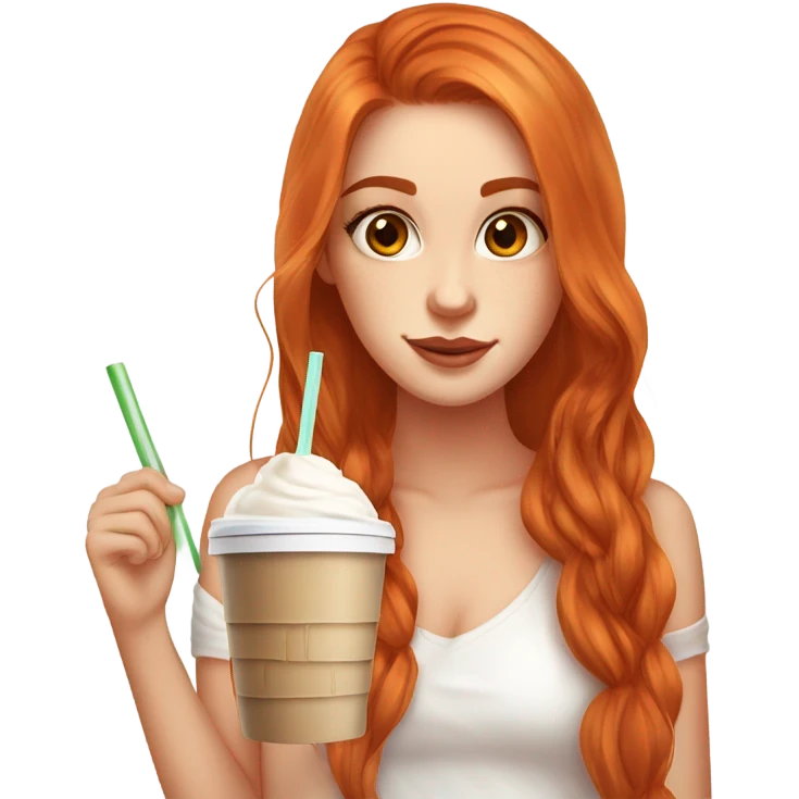 Beautiful fair skin long orange red hair girl brown eyes fair skin girly beautiful drinking straw iced ice coffee clean white beautiful emoji