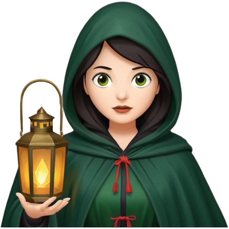 traitor tv show, dark haired woman wearing dark green cloak with hood up who looks evil and is holding up a lantern emoji