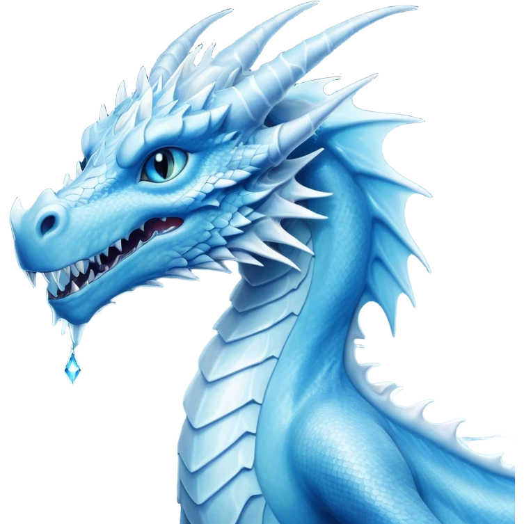Cinematic Noble very elegant slender Ice Dragon Portrait Emoji, Poised and imposing, distinct long elegant snout, with a slender, scaled body shimmering in glacial hues of icy blue, frostbitten silver, and crystalline white, breathing out frost, with piercing, glowing ice blue white eyes that radiate the chilling depths of an arctic storm; rendered in detail. excuding wisdom emoji