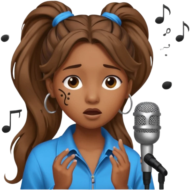 Brown skin girl with a long ponytail singing into a microphone looking sad with music notes coming out emoji