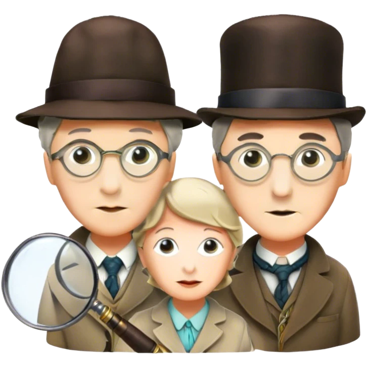 Icon for Detective Movies: A colorful collage with Sherlock Holmes, Miss Marple, and Pinkerton. Include magnifying glasses, clues, and detective tools. The design should evoke mystery and intrigue, with a classic detective movie feel. Transparent background. emoji