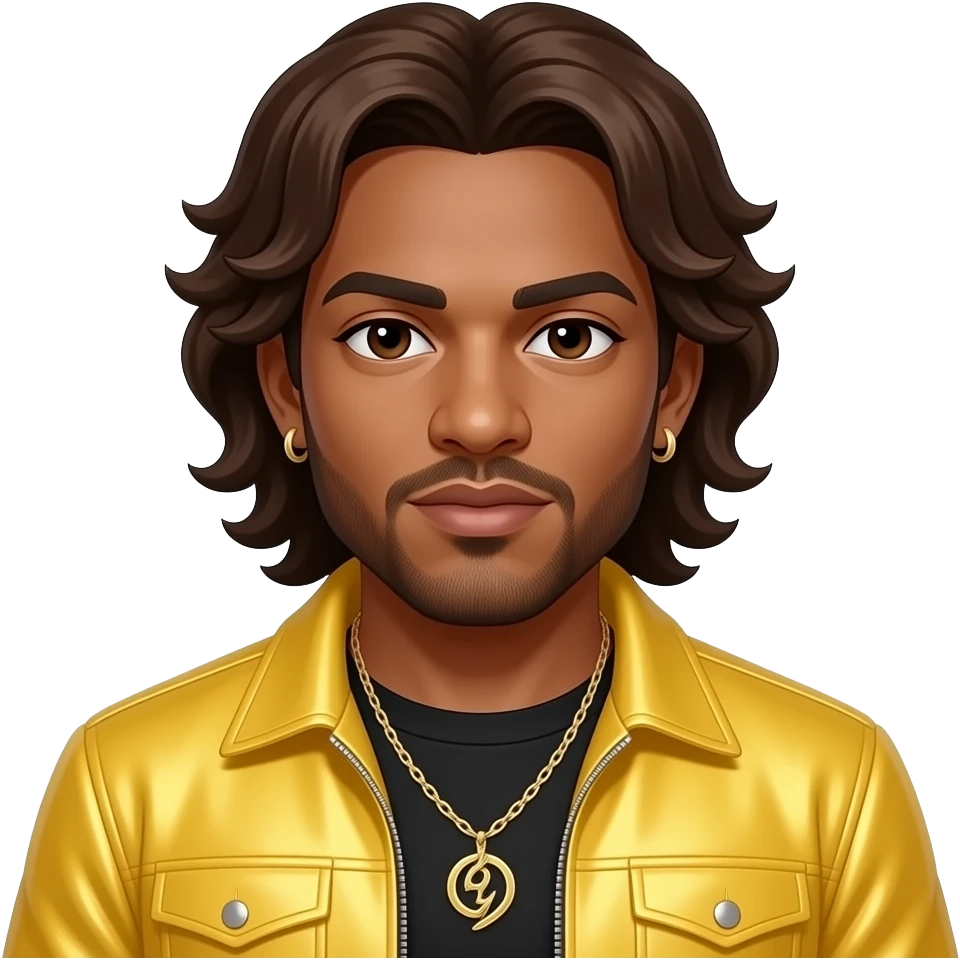 Mark Calderon from Color Me Badd with white skin, brown eyes, long brown 90s hair and short beard, yellow metallic new jack swing outfit, necklace and earrings emoji