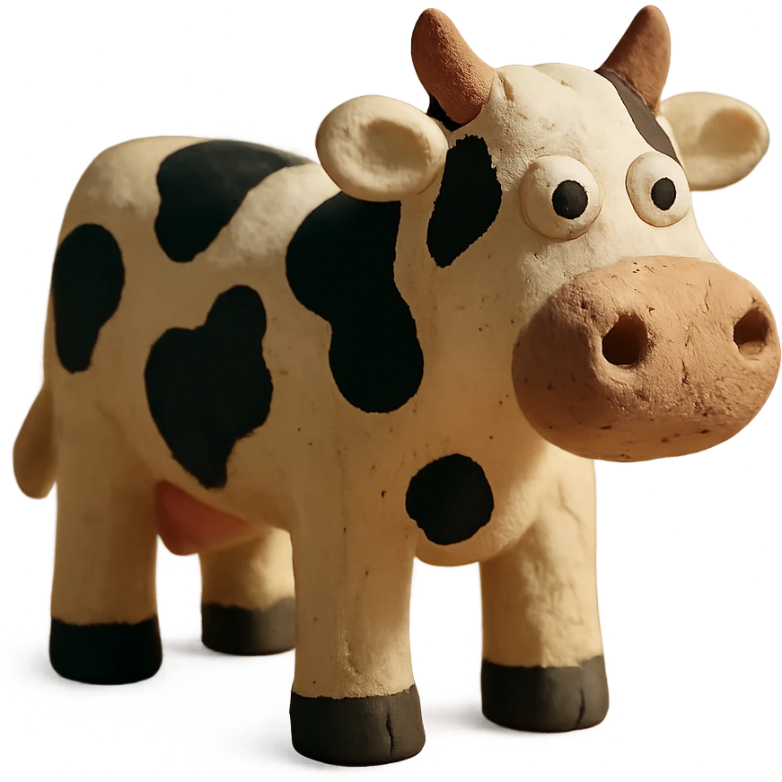 claymation style cow with black and white spots emoji
