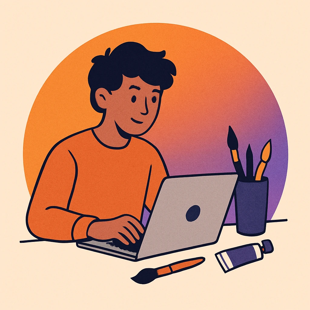 A person using a laptop, art tools nearby, set against a circular orange and purple gradient background. emoji