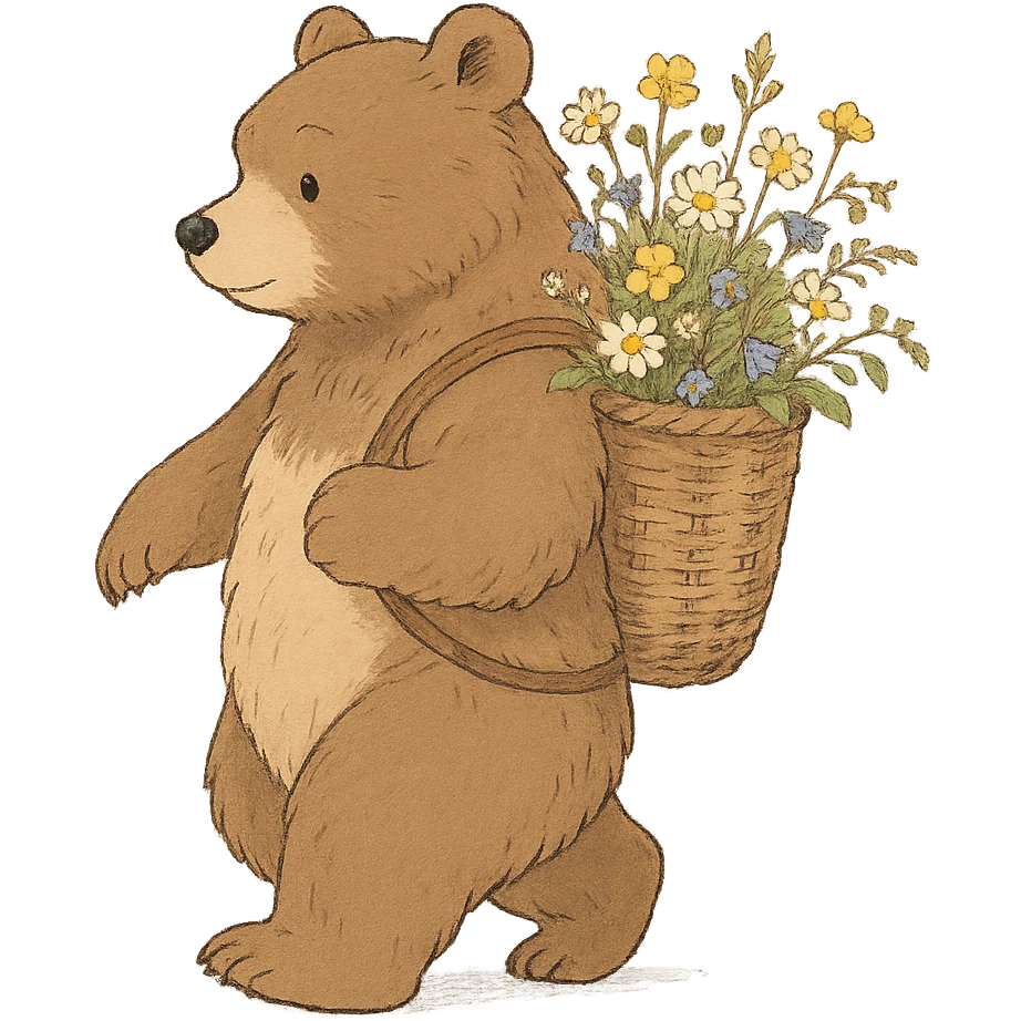 bear carrying a basket of wildflowers, soft pastel brown and cream, gentle and detailed ghibli style emoji