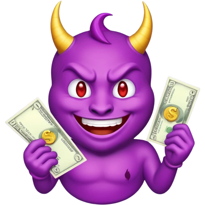 purple devil emoji with money. fun and light hearted, dont make the devil look evil emoji