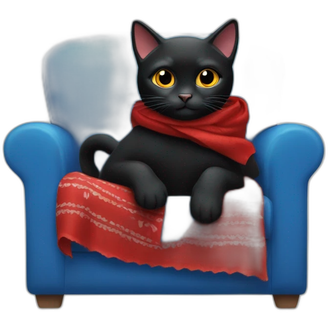 A black cat with a red bandana clawing at a blue sofa emoji