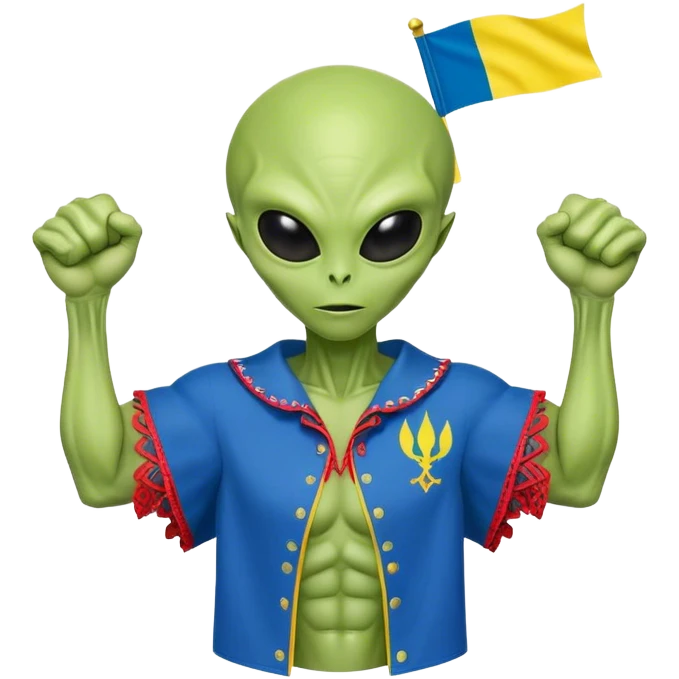 Green alien in Shirt 👚 vyshyvanka, white with red embodiary on sleeved, with 🇺🇦 Ukraine flag in a hand and 💪 emoji