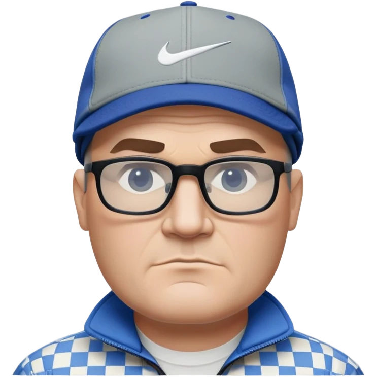 50-year-old heavyset man with very wide face and prominent square jawline. Short straight hair combed to the side, not balding, wearing a black Nike cap. Large dark square glasses. Serious-relaxed expression. Light gray jacket that fits his larger frame, white shirt with blue checkered pattern. emoji