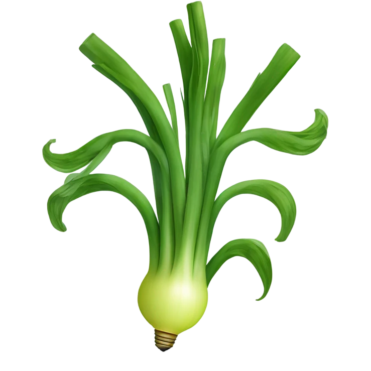 Smiling green onion with a bundle of long, thin green stalks as hair, big expressive eyes, and a cheerful cartoonish face on the white bulb section. Vibrant and playful design. emoji