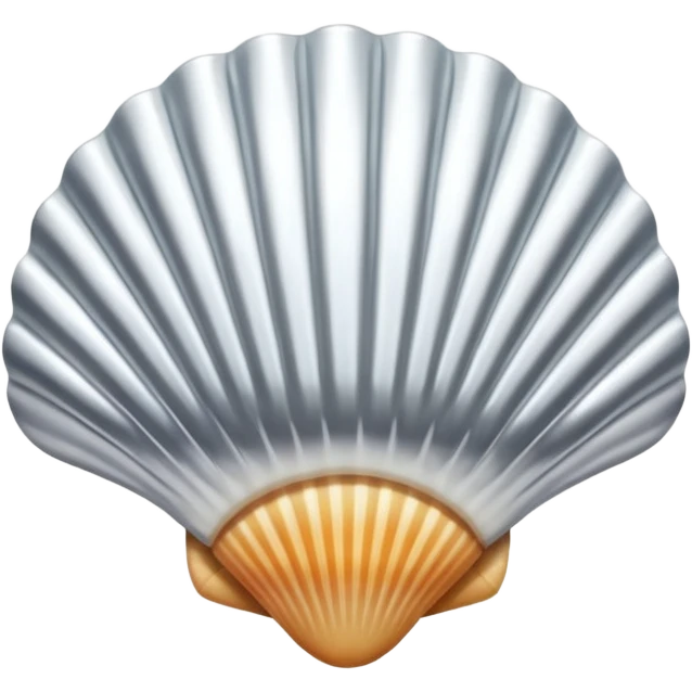 A seashell emoji made of polished silver chrome, smooth curved surface, reflective metallic highlights, elegant minimal design, iOS emoji style, centered, clean white background, soft lighting emoji