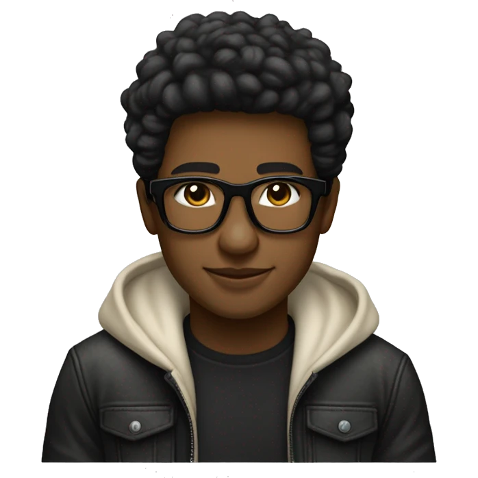 Un joven con gafas de marco negro, cabello oscuro y corto, Lleva puesto un abrigo crema, una camiseta negra. Su expresión es relajada y feliz emoji