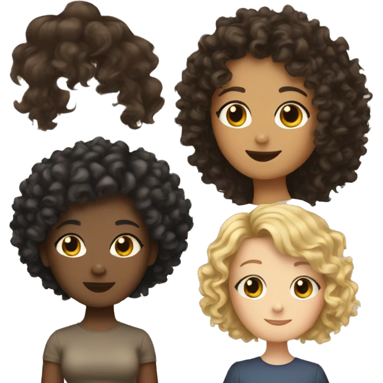 Friend group all girls 2 short hair blond, one very curly haired brunette and one very dark brown haired girl emoji