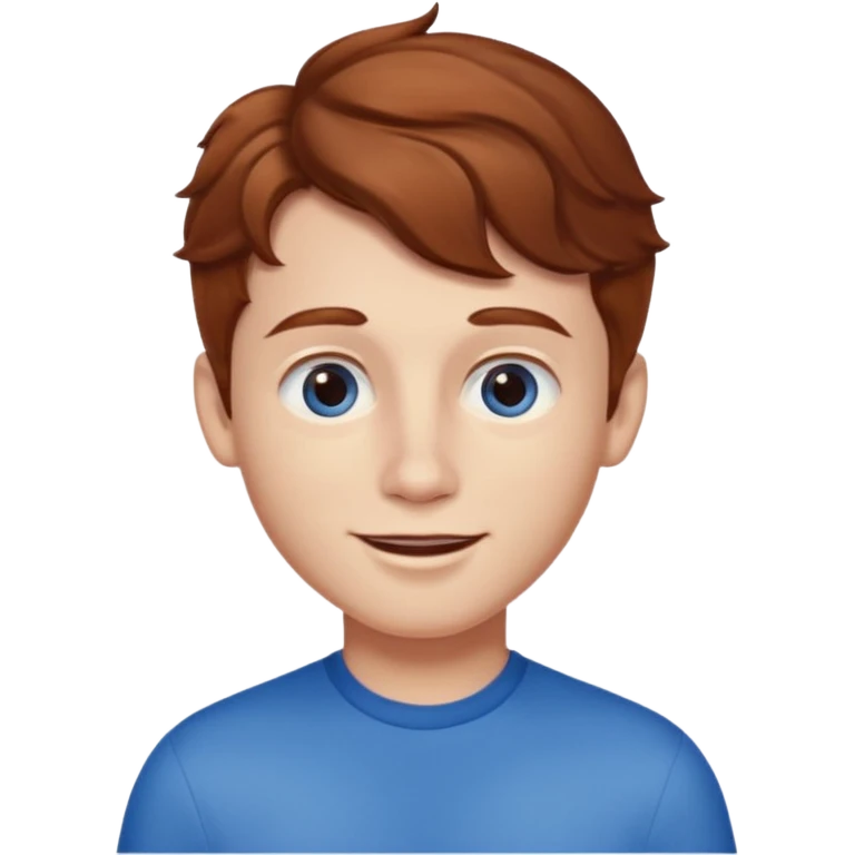 Please generate a portrait of a boy. He has wavy, light brown to reddish-brown hair, a right side parting, slightly longer sideburns, blue eyes, a snub nose, and a rather pronounced, strawberry-red pout. He is smiling. emoji