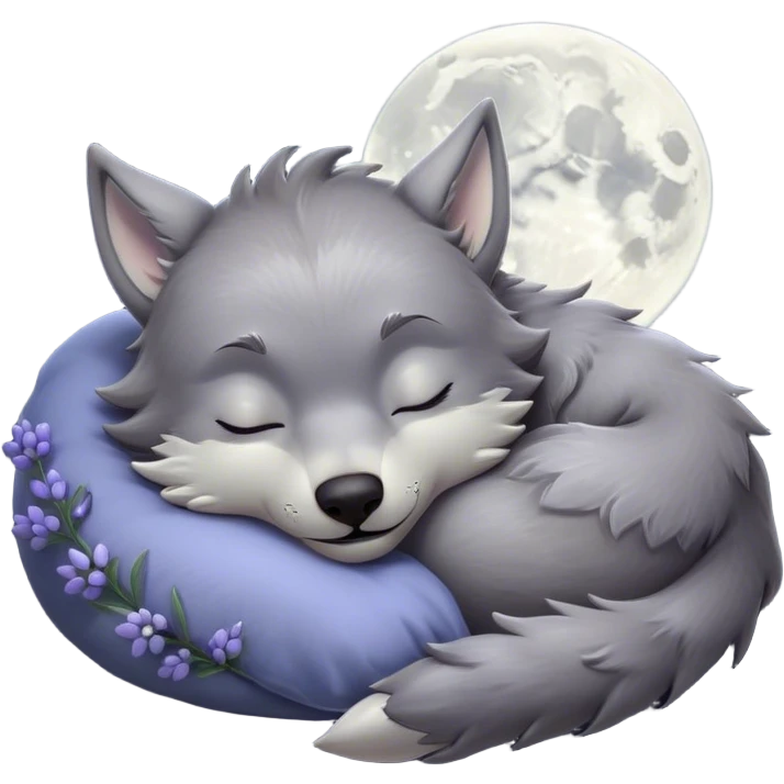 Meme-Worthy Cute Sleeping Werewolf Portrait Emoji, with a cuddly, miniature lupine form in soft moonlit grays and silvers, head resting peacefully with gently closed dreamy eyes and a small, content smile, simplified yet irresistibly endearing, highly detailed with a soft glowing outline that captures the cozy, sleepy essence of a werewolf after frolicking under the full moon! emoji