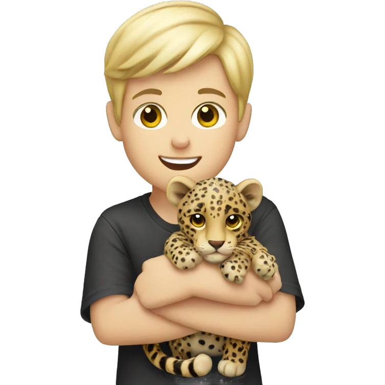 blonde boy holding stuffed leopard emoji