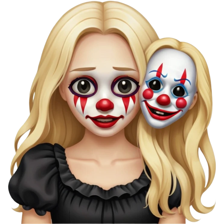 Crying blonde girl with long hair in black dress holding isolated happy clown Halloween mask beside her face  emoji
