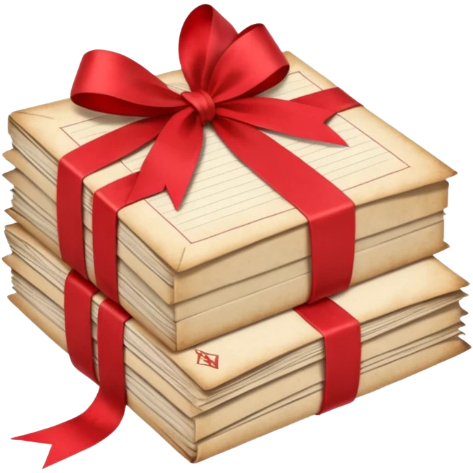 A beautifully arranged Stack of aged letters, tied with a red ribbon, envelopes, corespondence, aesthetic, red petals around, mail emoji