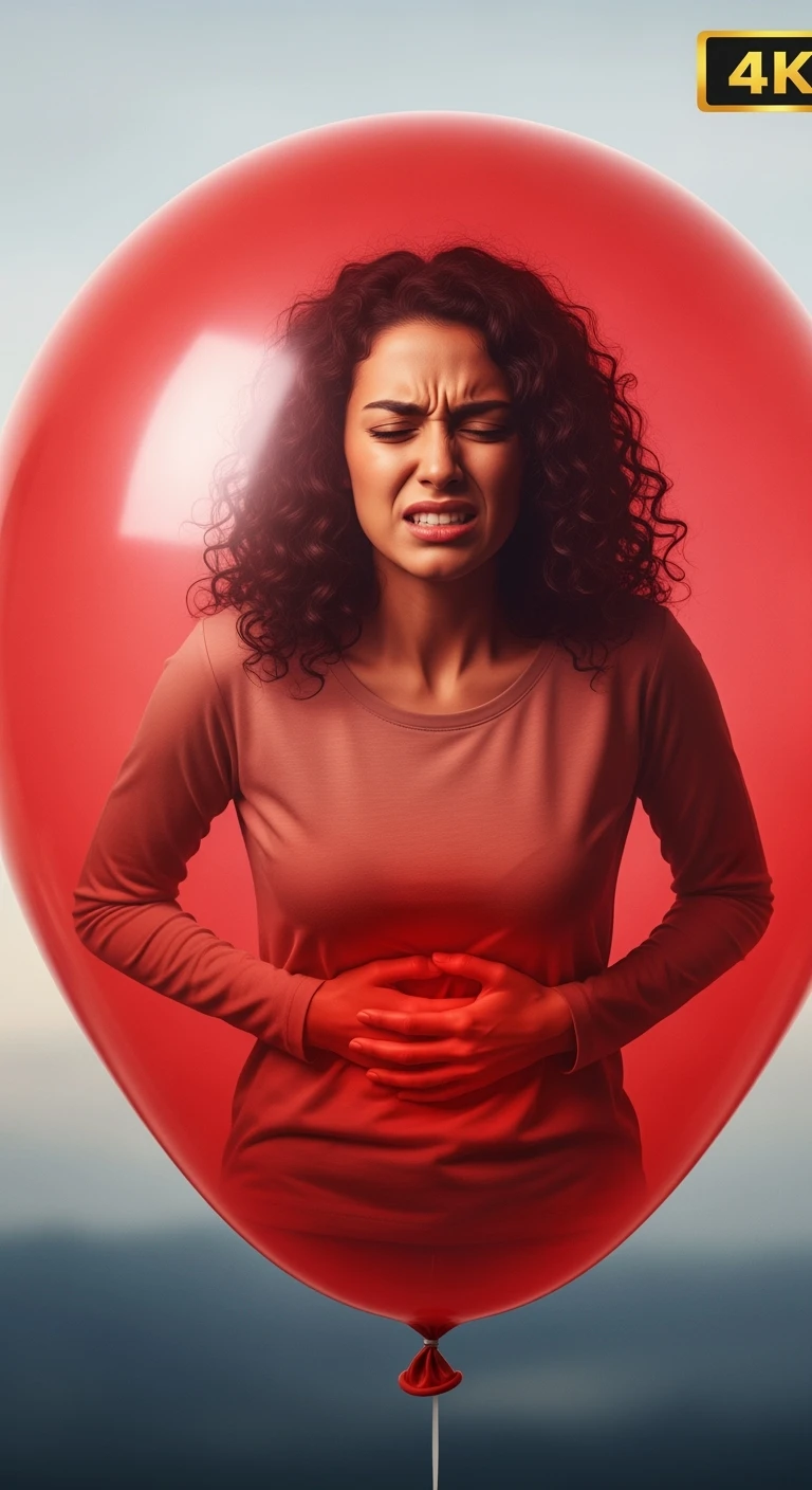 DONNA CON MAL DI PANCIA E INTESTINO CHIUSO IN UN PALLONCINO ROSSO, ESPRESSIONE DI DOLORE IN VOLTO, IPERREALISTICA 4K emoji