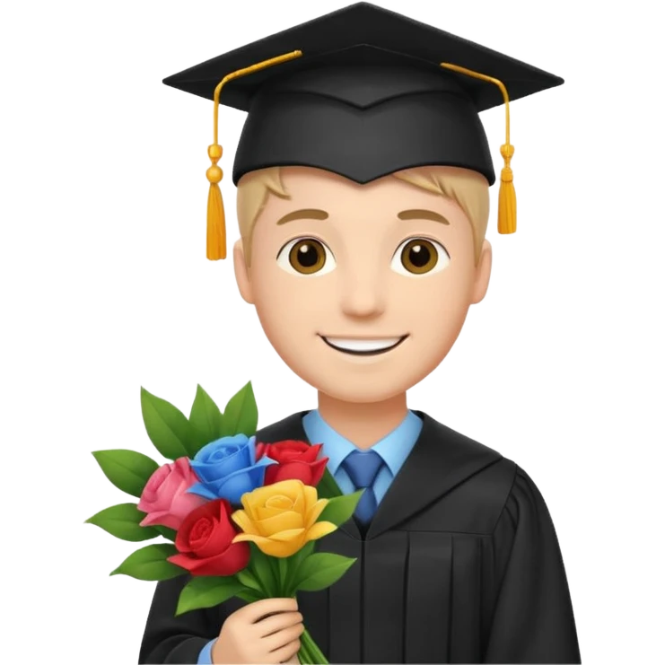 Graduated Students, Male,wearing graduation cap, holding bouquet of flowers
 emoji