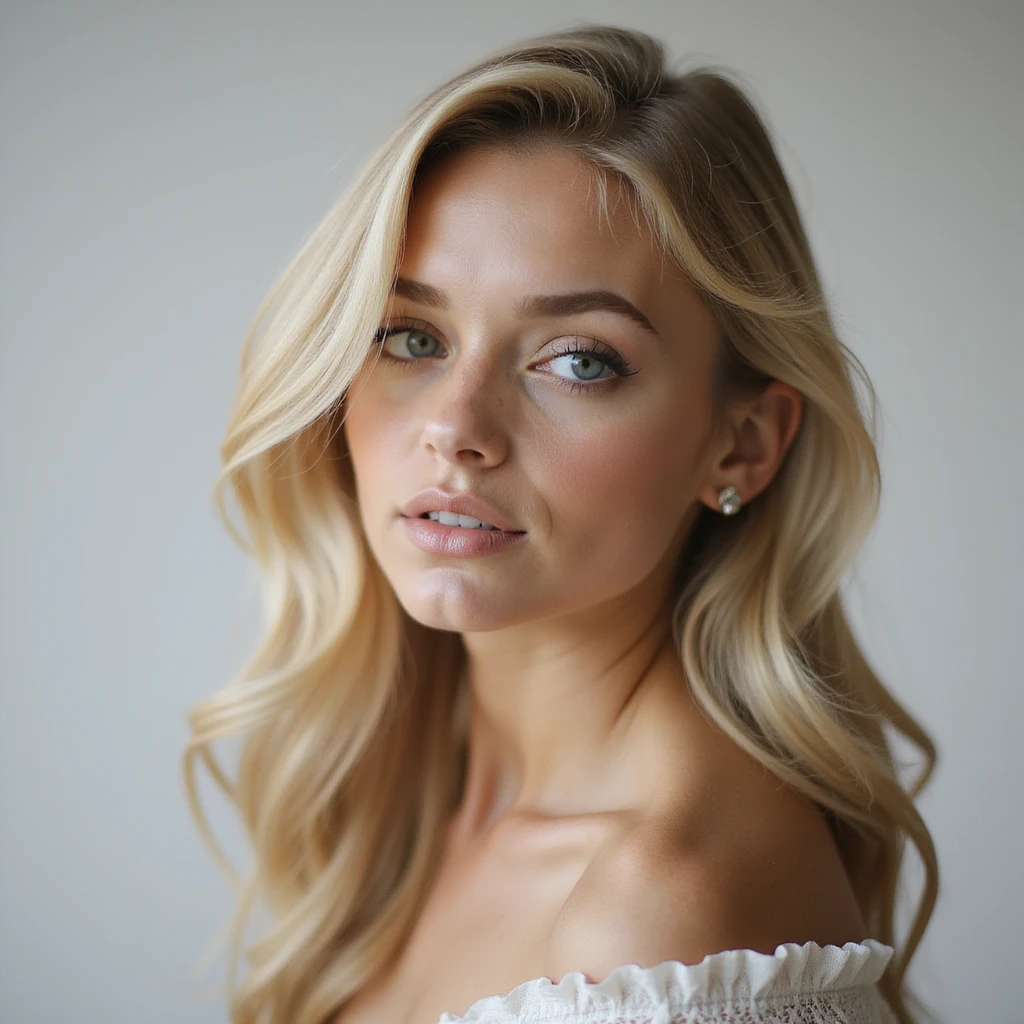 blonde girl, classic portrait, light makeup, realistic details, simple background emoji