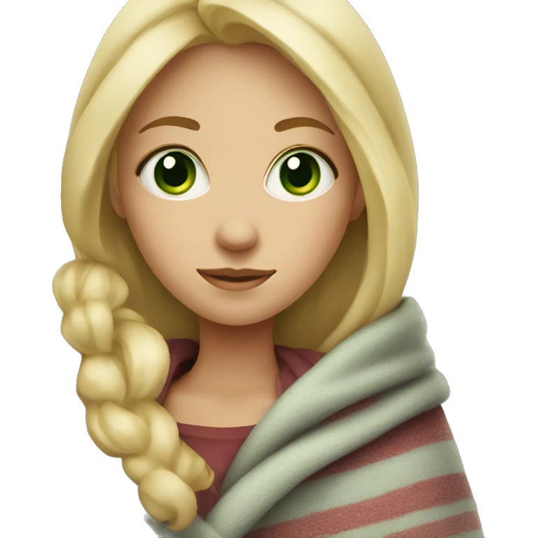 Blonde girl with green eyes wrapped in blanket cozy emoji
