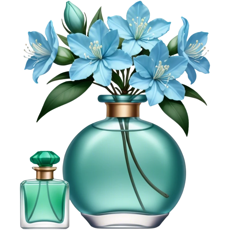Aesthetic ensemble of soft blue azaleas alongside a charming vintage green perfume bottle.
 emoji