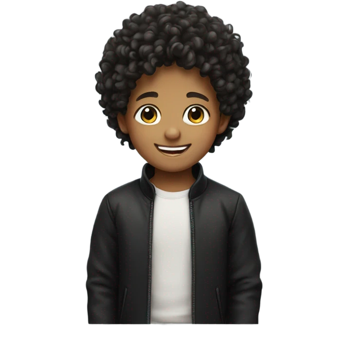 smiling boy in black jacket curly hair  emoji