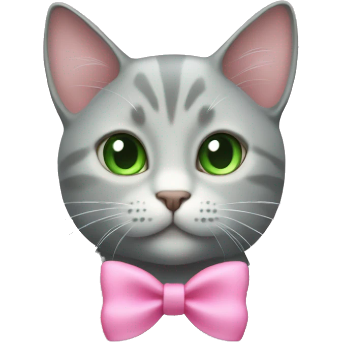 Light grey cat with a pink bow on top of its head and green eyes emoji