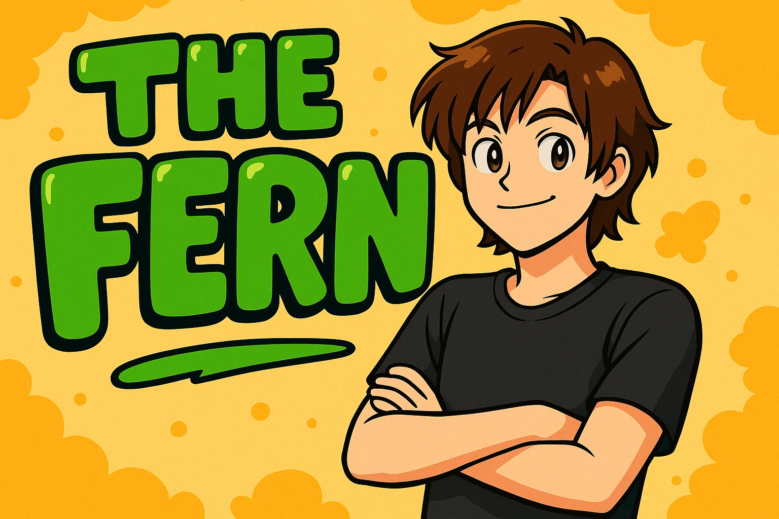 Brunette anime man leaning to the side with arms crossed, standing in front of green bubble letters that say 'The Fern'. He wears a black t-shirt, no jacket, medium-length brown hair, and has an expressive anime face. Keep the vibrant, cartoonish, eye-catching vibe in vibrant toon style. emoji