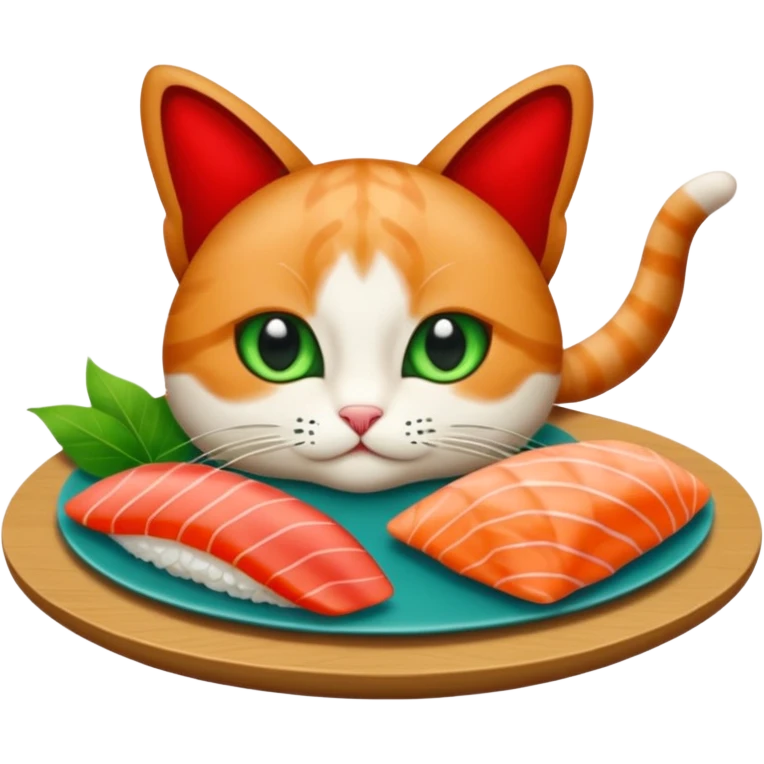 emoji di un gatto che tiene del sushi in mano, è verde con gli occhi azzurri ed un papillon rosso emoji