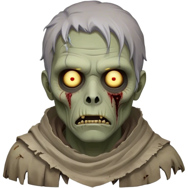 Cinematic Noble Zombie Portrait Emoji, Surprisingly dignified and somber, with a decaying yet strangely regal visage in ashen grays and muted tones, draped in tattered attire hinting at a lost grandeur, simplified yet meticulously detailed, glowing with a soft, eerie radiance and a gentle outline that evokes the tragic nobility of the undead! emoji