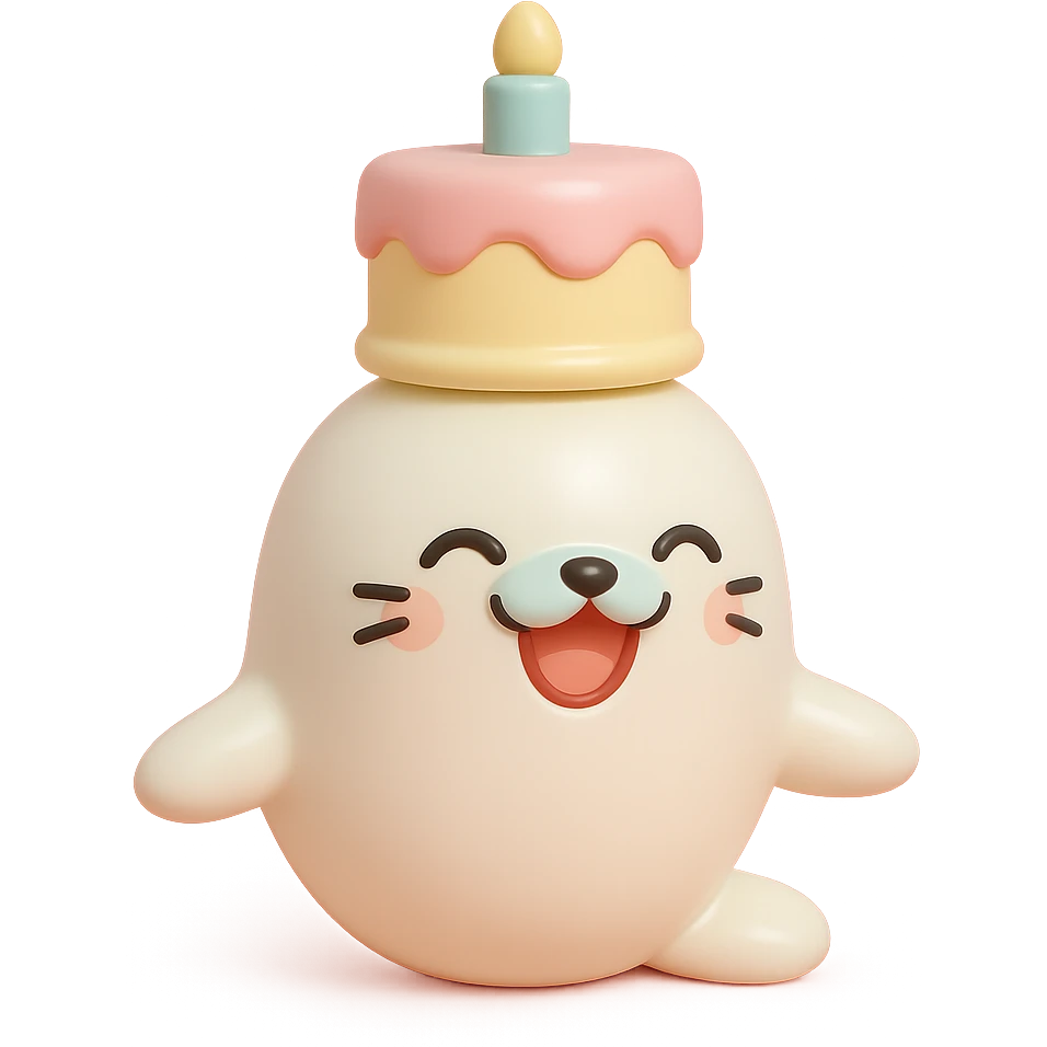 cutie baby seal balancing cake on head with laughing face in vinyl figure style emoji