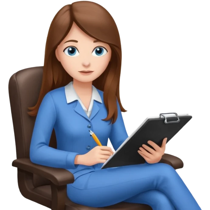 Девушка - психолог с длинными коричневыми светлыми волосами, с голубыми волосами, сидит в кресле и делает запись на бланке emoji