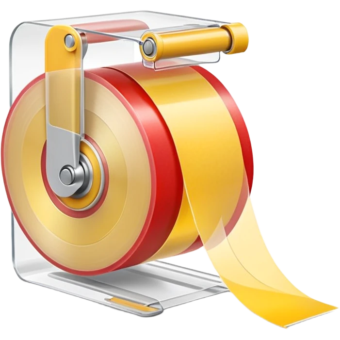 small roll of clear adhesive tape with glossy finish on simple white plastic dispenser with curved cutting edge, roll partially used with strip slightly lifted and curved, no box or extras, apple emoji style, soft lighting, subtle shadows, transparent background, emoji scale emoji
