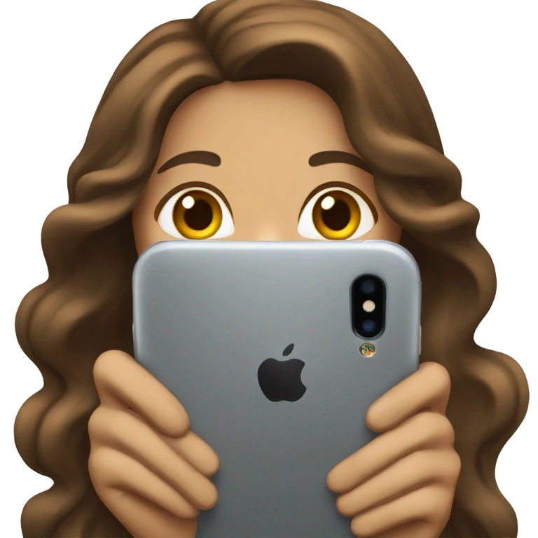 business woman with long wavy brown hair and iphone emoji