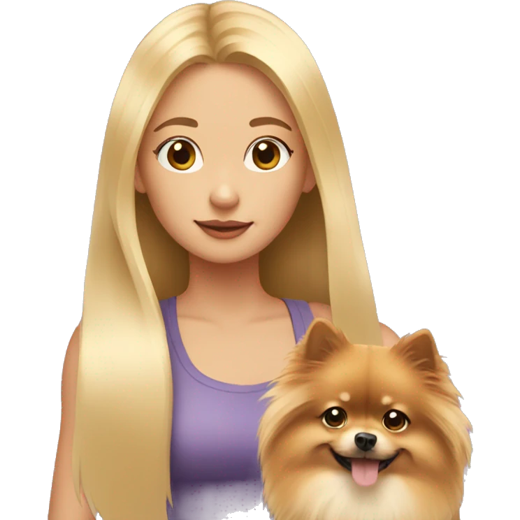 girl with long blond hair holding a Pomeranian emoji