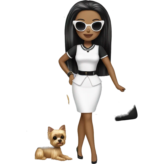 Palm beach Honey Barbie Wednesday Addams ,white face, full body visible, hair done,handbag, small 2 piece, sunglasses,heels,holding yorkie Miss Honey, emoji